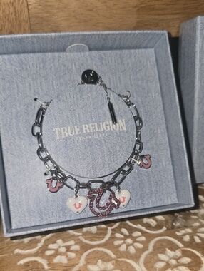 True Religion Silver Chain Bracelet with Pink & White Charms